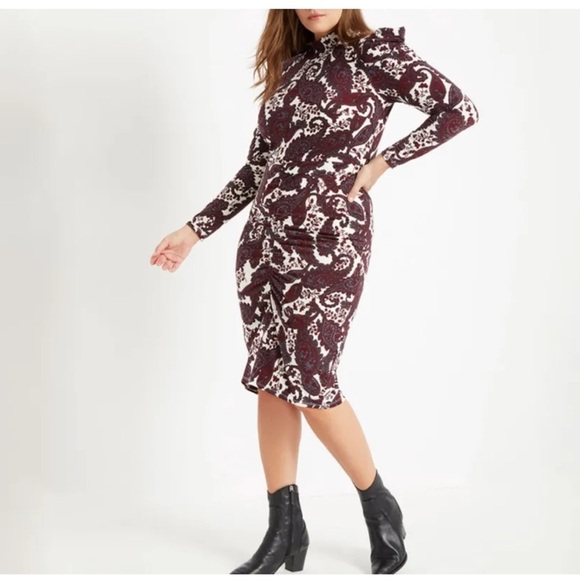 Eloquii Mock Neck Long Sleeve Dress | Size 14, White Burgundy | Bold Colorblocks - Picture 2 of 10